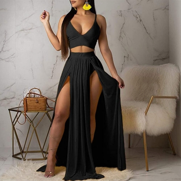 Other - Sexy Beach Dress Outfits 2 Piece Crop Top High Split Mesh Skirt Dresses set